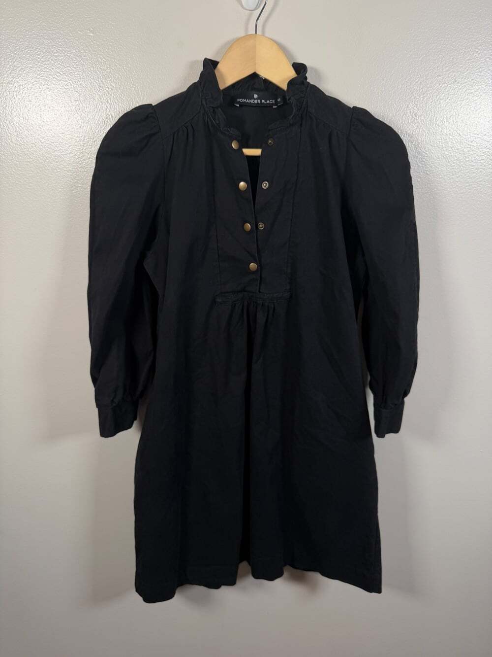 Pomander Place Tuckernuck Claiborne Shirt Dress Size XS Black Puff Sleeve Preppy